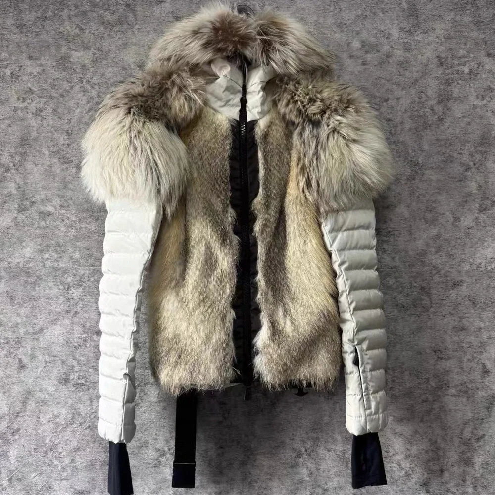 🚩steal Authentic Moncler White and Gray Fur-Trimmed Puffer Jacket - Picture 1 of 6
